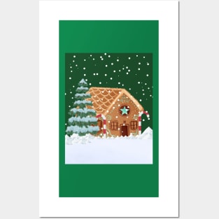 Christmas gingerbread house snowing Posters and Art